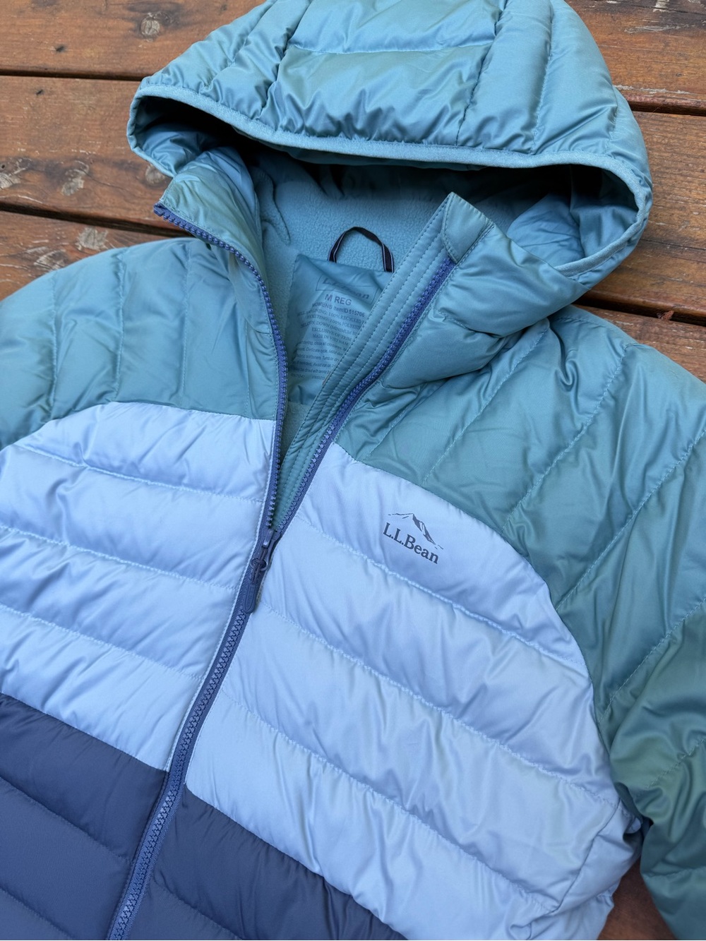 L.L. Bean Bean Down Hooded Jacket l, Colorblock - Picture 2 of 5